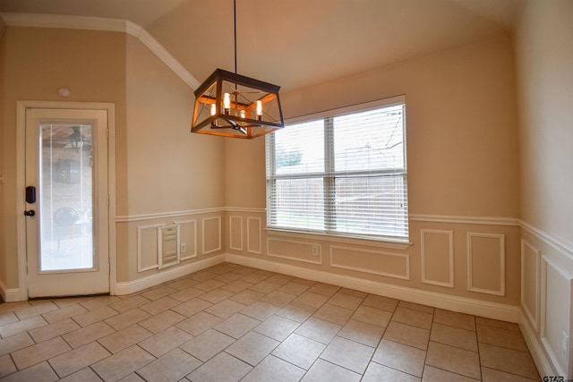 unfurnished dining area with light tile patterned flooring, lofted ceiling, and a notable chandelier