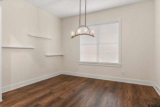 unfurnished dining area with a chandelier and dark wood-type flooring