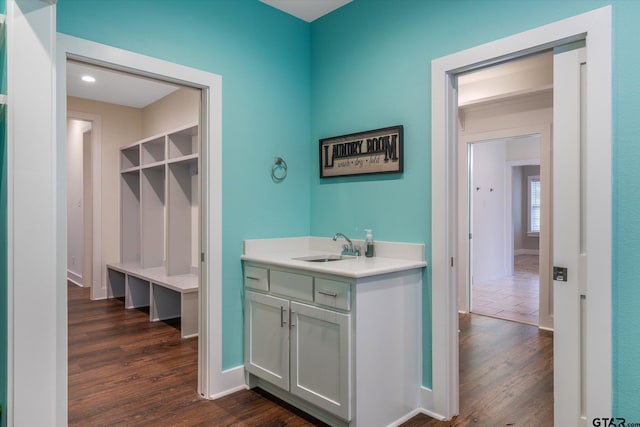 bathroom with hardwood / wood-style flooring and vanity