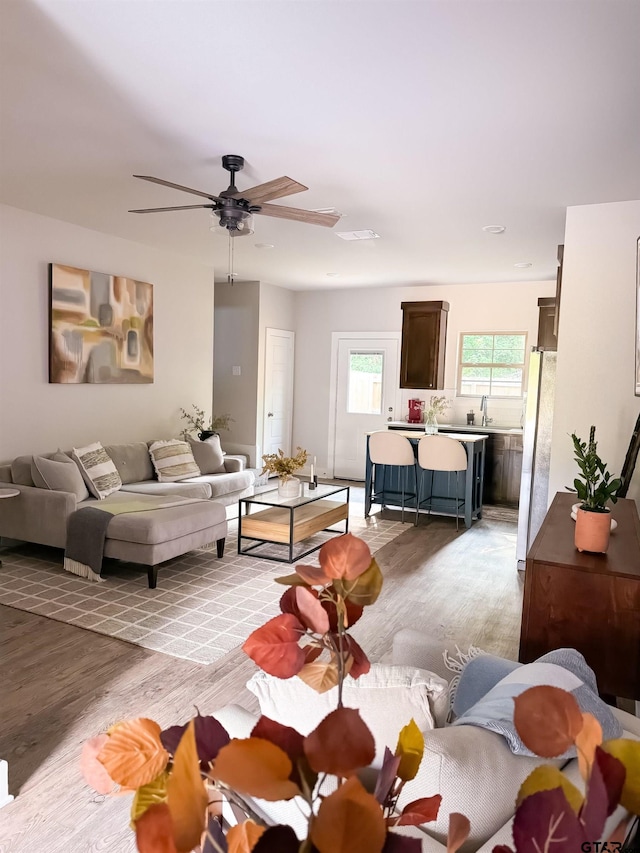 living room with ceiling fan, sink, and light hardwood / wood-style flooring