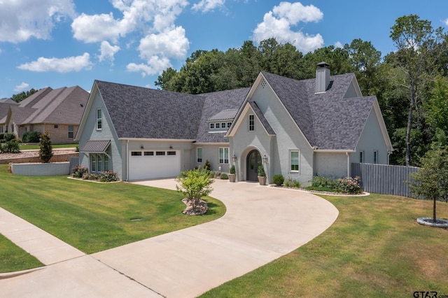 view of front of house with a garage and a front lawn