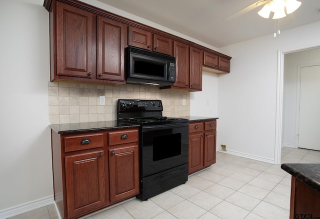 1521 Rice Rd Unit E105, Tyler, TX 75703 - kitchen featuring black appliances, backsplash, ceiling fan, light tile patterned floors, and baseboards