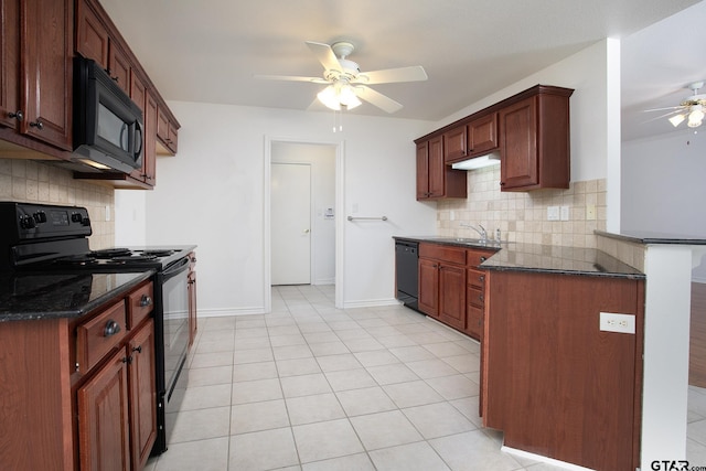 1521 Rice Rd Unit E105, Tyler, TX 75703 - kitchen with black appliances, ceiling fan, decorative backsplash, baseboards, and dark stone countertops