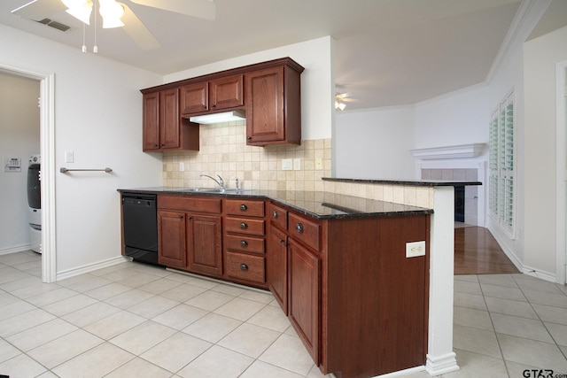 1521 Rice Rd Unit E105, Tyler, TX 75703 - kitchen featuring a ceiling fan, dishwasher, decorative backsplash, a sink, and crown molding