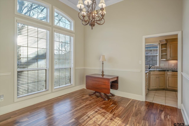 dining area with baseboards, ornamental molding, wood finished floors, and an inviting chandelier