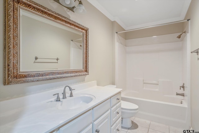 bathroom featuring shower / tub combination, toilet, vanity, ornamental molding, and tile patterned floors