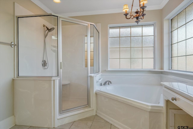 full bath with a wealth of natural light, tile patterned flooring, crown molding, and a shower stall