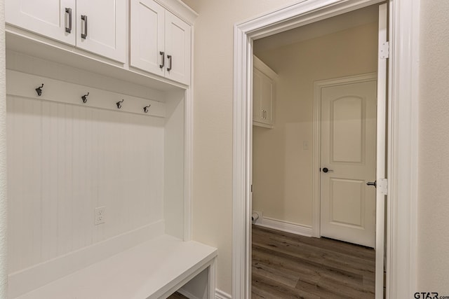 mudroom featuring dark wood-type flooring