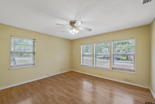 empty room featuring baseboards, a wealth of natural light, a textured ceiling, and light wood finished floors