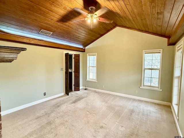 spare room with light colored carpet, wooden ceiling, and a healthy amount of sunlight