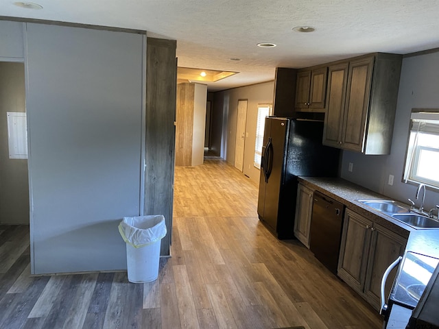 kitchen with a textured ceiling, sink, light hardwood / wood-style floors, and black appliances