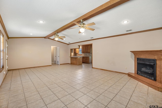 unfurnished living room featuring ceiling fan, baseboards, light tile patterned flooring, a fireplace with raised hearth, and recessed lighting