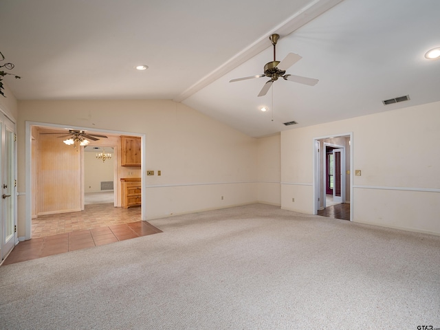 19543 Meadowood Ln, Tyler, TX 75703 - tiled empty room featuring lofted ceiling, carpet floors, a ceiling fan, recessed lighting, and baseboards