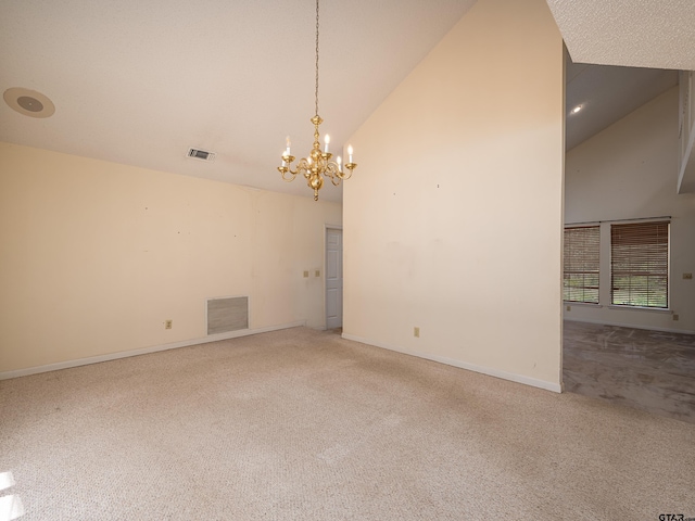 19543 Meadowood Ln, Tyler, TX 75703 - unfurnished room featuring high vaulted ceiling, carpet floors, a chandelier, and baseboards