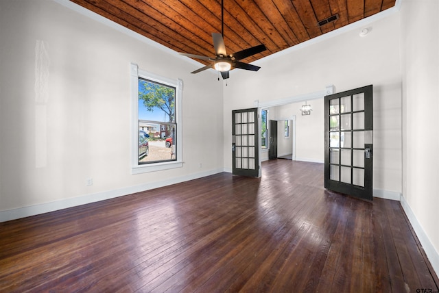 1314 N Queen St, Palestine, TX 75803 - interior space with visible vents, french doors, dark wood-type flooring, baseboards, and wood ceiling