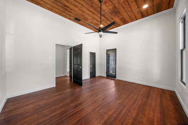 1314 N Queen St, Palestine, TX 75803 - spare room with ceiling fan, visible vents, wood ceiling, baseboards, and dark wood-style floors