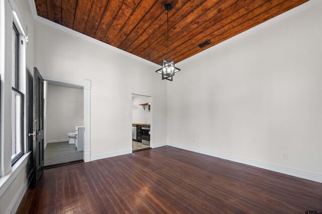 1314 N Queen St, Palestine, TX 75803 - unfurnished living room featuring crown molding, a chandelier, wood ceiling, dark wood-type flooring, and visible vents