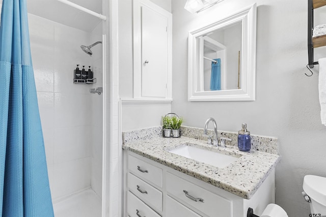 bathroom featuring toilet, vanity, and curtained shower