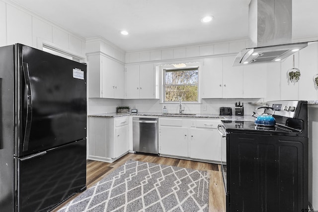 kitchen featuring white cabinetry, black refrigerator, electric stove, stainless steel dishwasher, and island range hood