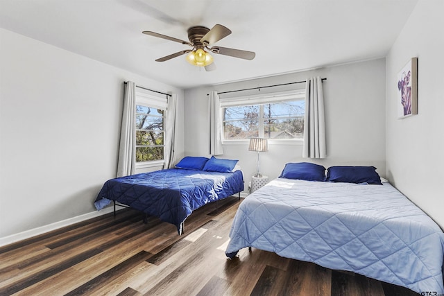 bedroom with ceiling fan and wood-type flooring