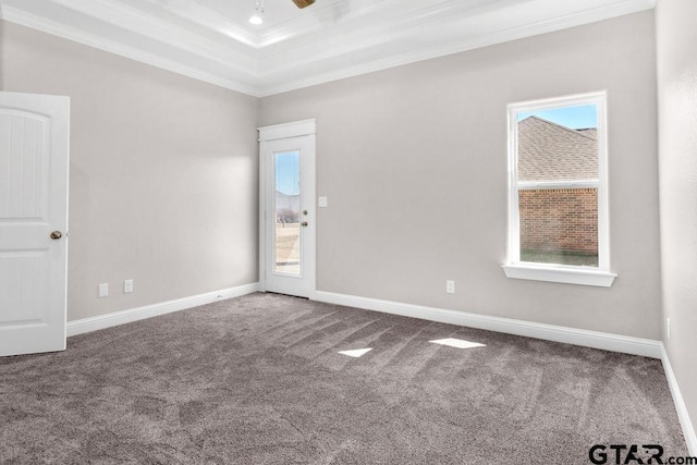 carpeted empty room with crown molding, baseboards, a raised ceiling, and ceiling fan