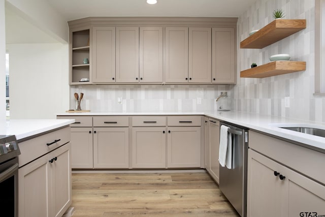 kitchen featuring decorative backsplash, light wood-type flooring, and appliances with stainless steel finishes