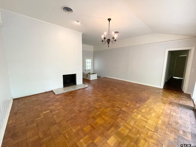 1106 E Redbud, Crockett, TX 75835 - unfurnished living room with a chandelier, lofted ceiling, and a large fireplace
