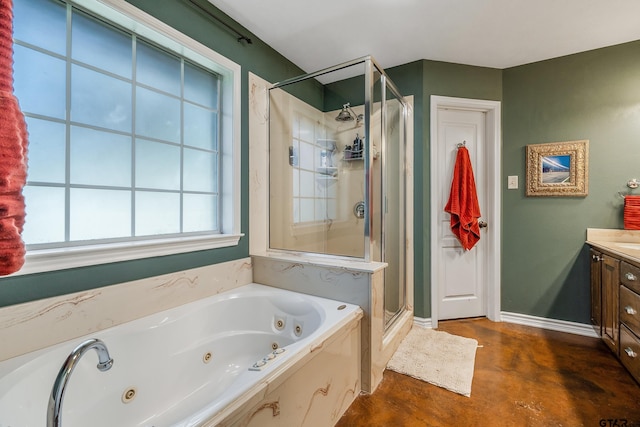 bathroom featuring vanity, shower with separate bathtub, and concrete floors