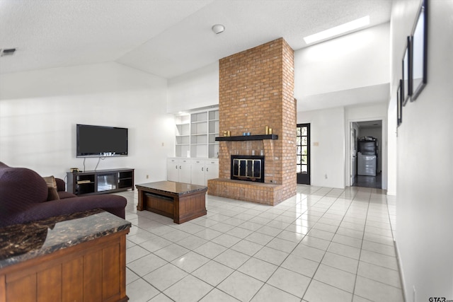 living room featuring light tile patterned floors, visible vents, vaulted ceiling, a textured ceiling, and a brick fireplace