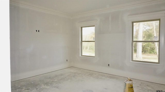 empty room with plenty of natural light, concrete flooring, and ornamental molding