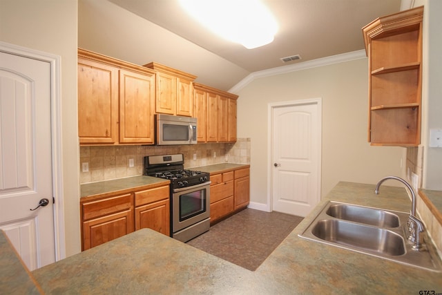 2559 Lazy Acres Ln, Tyler, TX 75707 - kitchen featuring appliances with stainless steel finishes, a sink, vaulted ceiling, tasteful backsplash, and ornamental molding