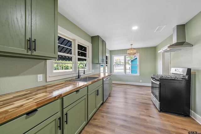 kitchen featuring green cabinets, a healthy amount of sunlight, sink, and stainless steel appliances