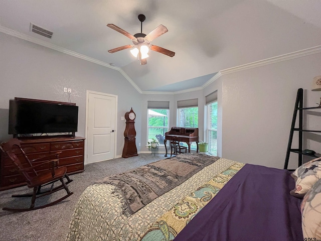bedroom featuring visible vents, ornamental molding, a ceiling fan, vaulted ceiling, and carpet flooring