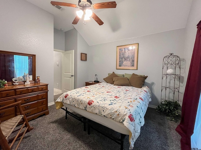 bedroom with dark colored carpet, ceiling fan, baseboards, and lofted ceiling