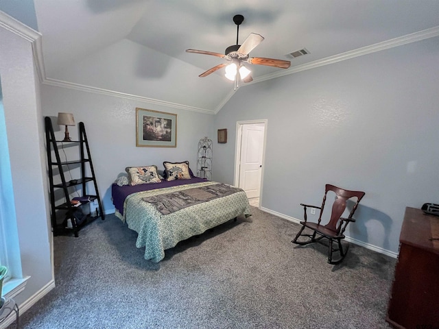 bedroom with ornamental molding, visible vents, vaulted ceiling, and carpet floors