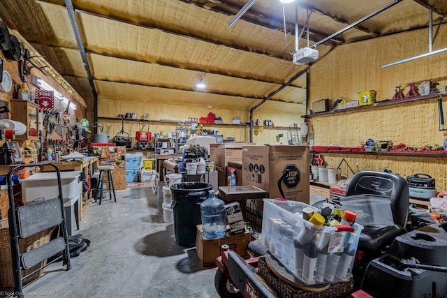 garage with a workshop area