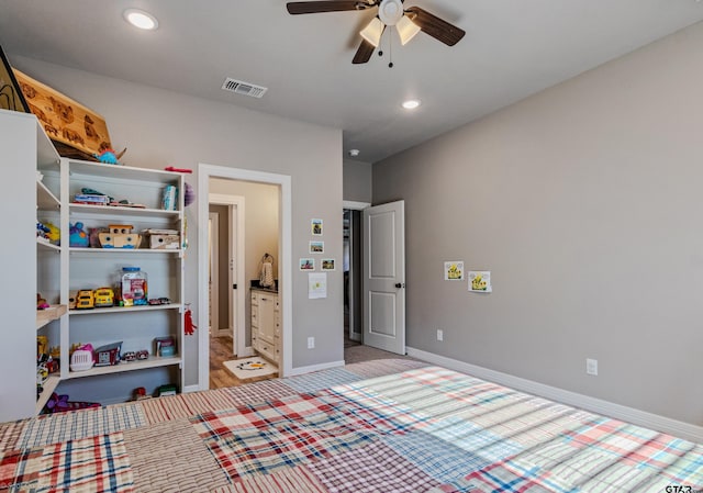 bedroom featuring light carpet and ceiling fan