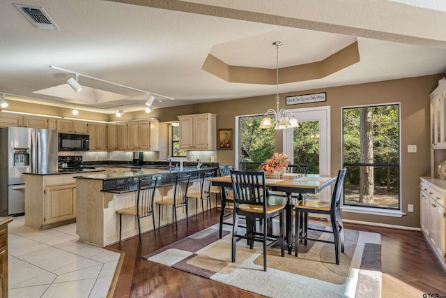 256 Ox Bow Cv, Holly Lake Ranch, TX 75765 - dining area with a chandelier, light wood-type flooring, and track lighting