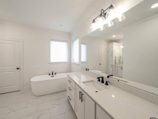 9070 Shallow Cv, Tyler, TX 75703 - full bathroom with ornamental molding, a soaking tub, vanity, marble look tiles, and a chandelier