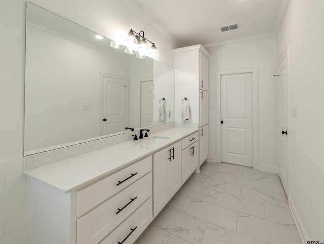 9070 Shallow Cv, Tyler, TX 75703 - bathroom featuring marble look tile flooring, vanity, and ornamental molding