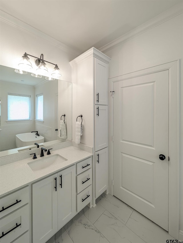 9070 Shallow Cv, Tyler, TX 75703 - bathroom with vanity, ornamental molding, a soaking tub, and marble finish floors