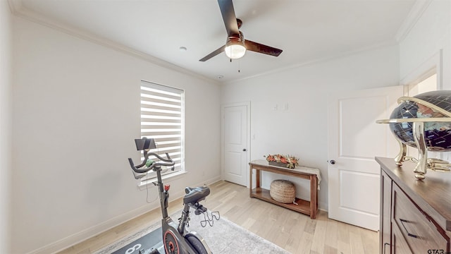 9070 Shallow Cv, Tyler, TX 75703 - workout area featuring plenty of natural light, light wood-style flooring, a ceiling fan, and ornamental molding