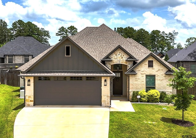9070 Shallow Cv, Tyler, TX 75703 - view of front of house with stone siding, board and batten siding, driveway, roof with shingles, and an attached garage