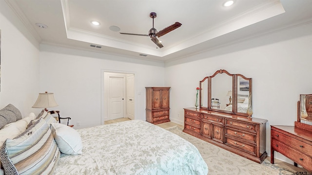 9070 Shallow Cv, Tyler, TX 75703 - bedroom featuring a raised ceiling, crown molding, recessed lighting, and a ceiling fan