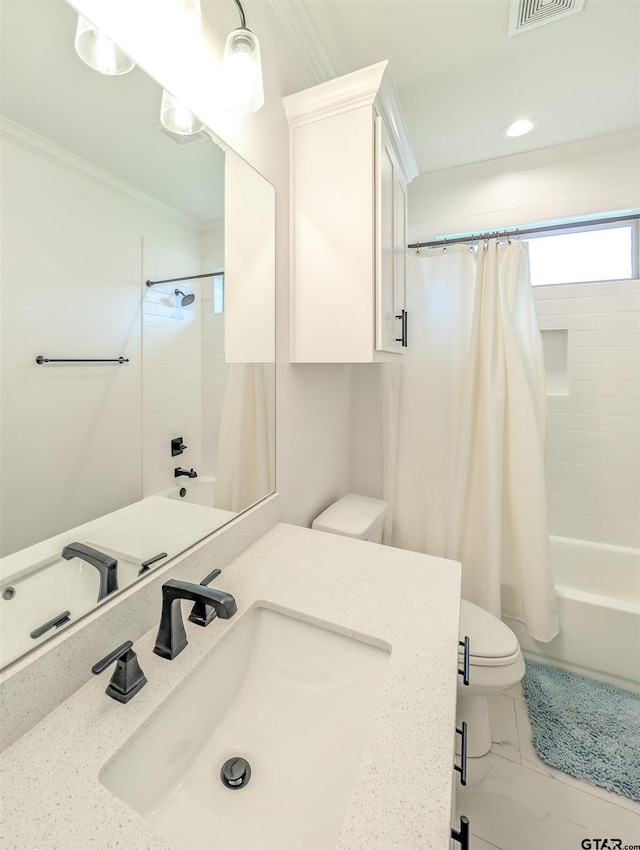 9070 Shallow Cv, Tyler, TX 75703 - bathroom featuring crown molding, vanity, shower / bath combo, recessed lighting, and marble finish flooring
