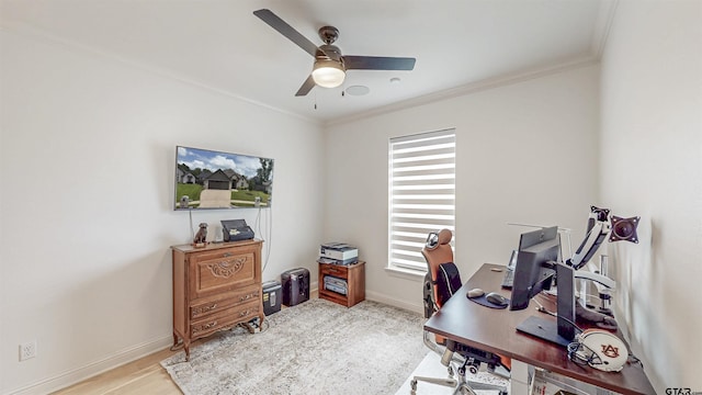 9070 Shallow Cv, Tyler, TX 75703 - office area with ornamental molding, ceiling fan, and light wood-style floors