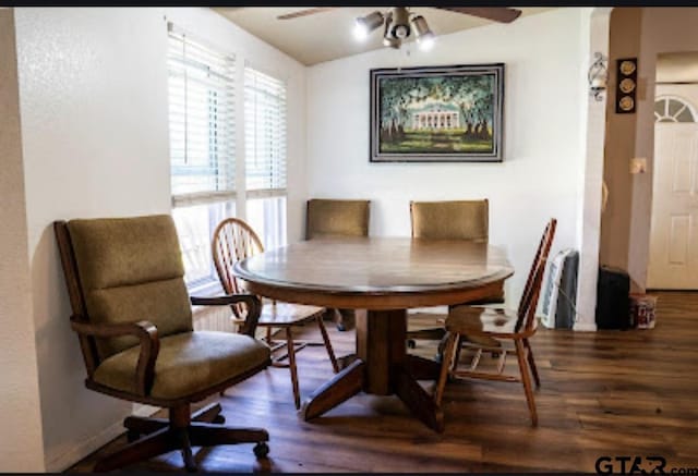209 Kildare Rd, Linden, TX 75563 - dining space featuring lofted ceiling, wood finished floors, and a ceiling fan