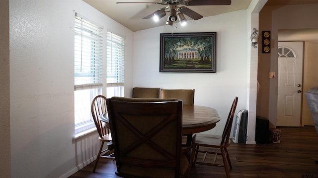 209 Kildare Rd, Linden, TX 75563 - dining area featuring ceiling fan, baseboards, and wood finished floors