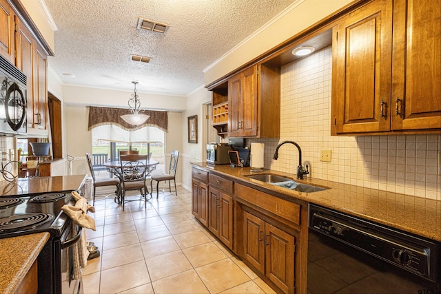 kitchen with sink, light tile patterned floors, ornamental molding, black dishwasher, and decorative backsplash