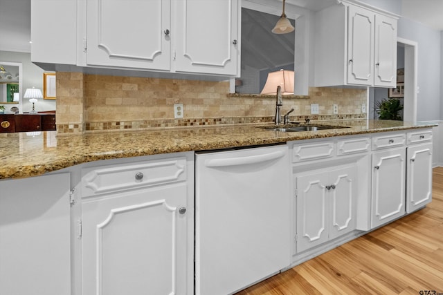 kitchen featuring white cabinetry, white dishwasher, light wood finished floors, and light stone countertops